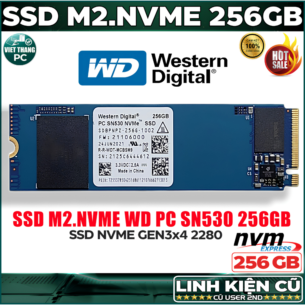 Ổ cứng SSD M2 Nvme Western Digital SN530 256GB Gen3x4 2280 SSD Nvme cũ đã qua sử dụng ( Cũ - 2nd )