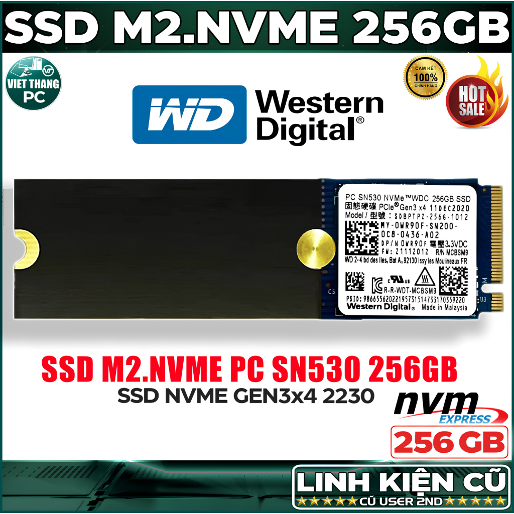 Ổ cứng SSD M2 Nvme Western Digital SN530 256GB Gen3x4 2230 SSD Nvme cũ đã qua sử dụng ( Cũ - 2nd )