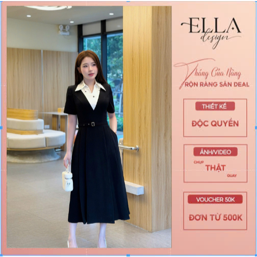 Váy Đầm Thiết Kế Ella Desgin dành cho nữ kiểu dáng váy midi xòe, tay ngắn, cổ bẻ phối màu trắng kèm 