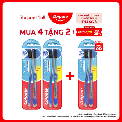 [Livestream] Bộ 4 bàn chải Colgate Slimsoft Flex Clean Charcoal nguyên khối than hoạt tính kháng khuẩn