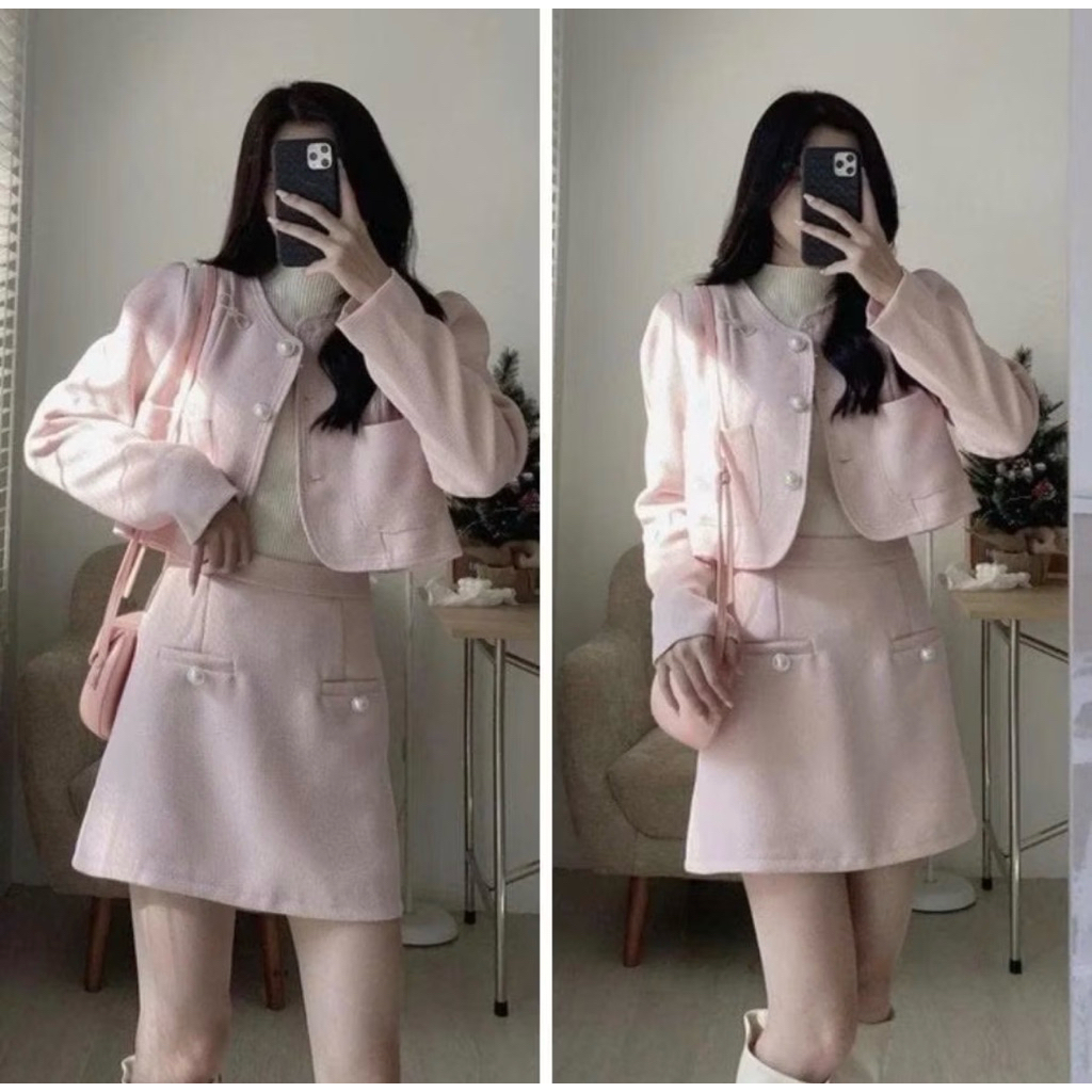 Set áo váy AN XING Nữ Hồng Tweed S