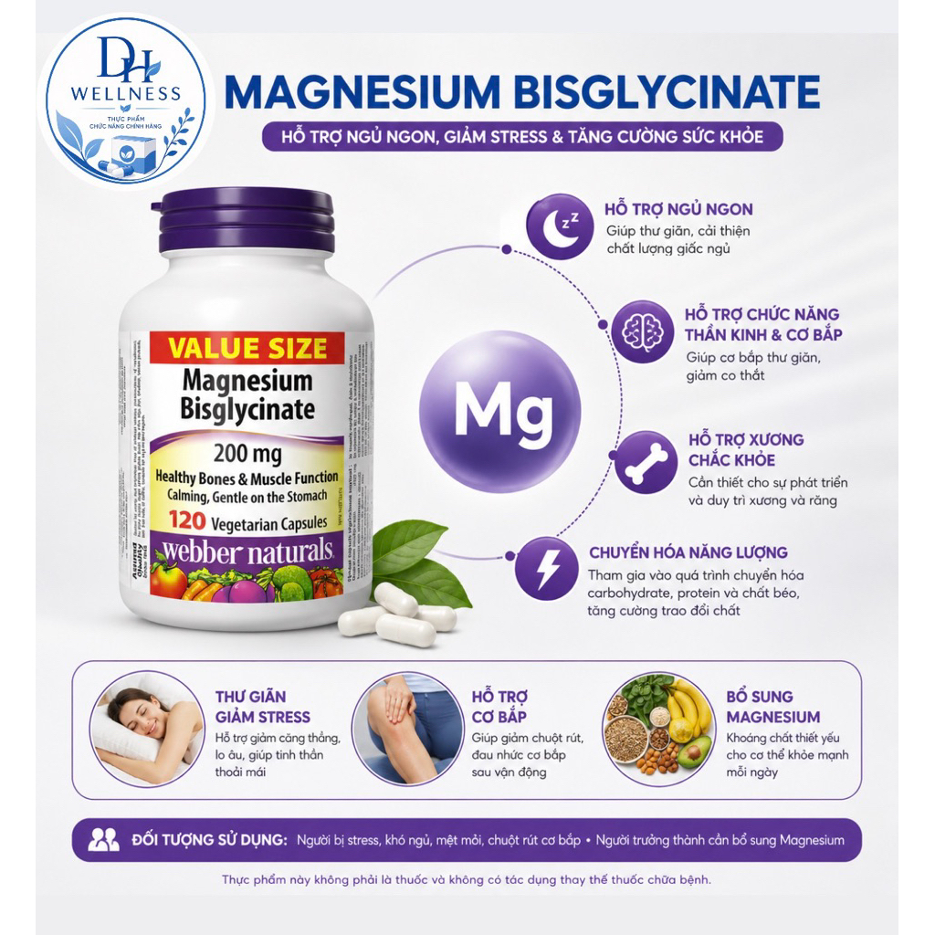 Viên uống Webber Naturals Magnesium Bisglycinate 200mg (120 viên) , Bổ sung Magnesium - NT ĐỨC HÀ