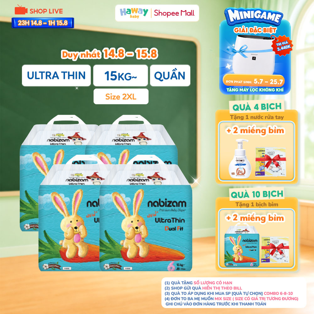 Combo 4 Tã Bỉm Quần Nabizam Ultra Thin 2XL22 Chính Hãng Hàn Quốc, 15-20kg, 22 Miếng Thấm Hút Vượt Tr