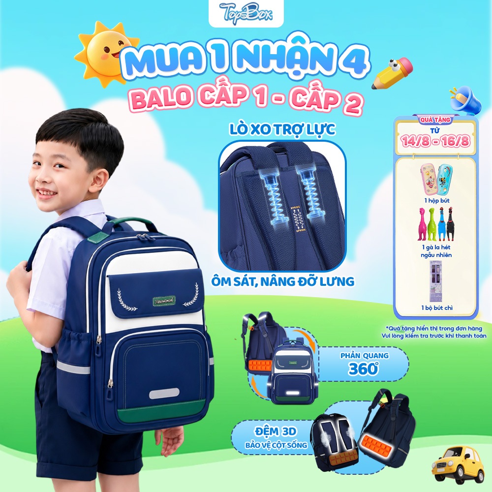 Cặp Chống Gù Babokids Cho Bé Trai Bé Gái Lớp 1-6, Balo Học Sinh Tiểu Học Cao Cấp Quai Lò Xo 2505