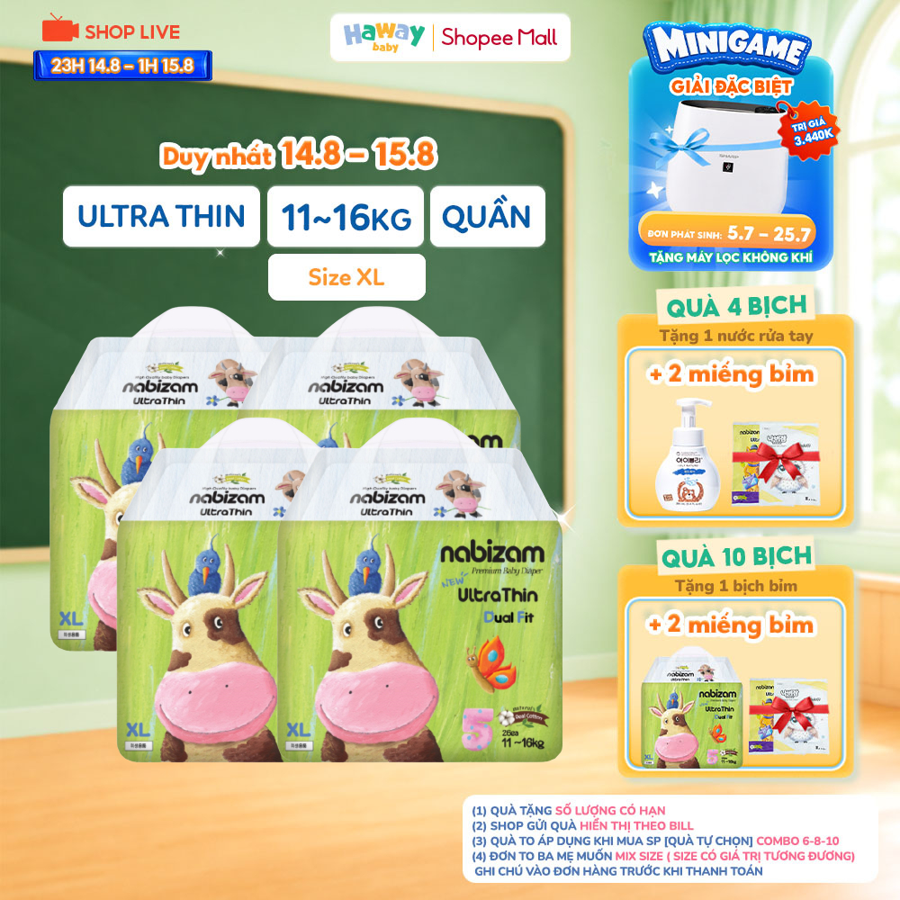 Combo 4 Tã Bỉm Quần Nabizam UltraThin Size XL26 miếng từ 12kg, Nội Địa Hàn, Mỏng Nhẹ Chống Hăm, Chốn