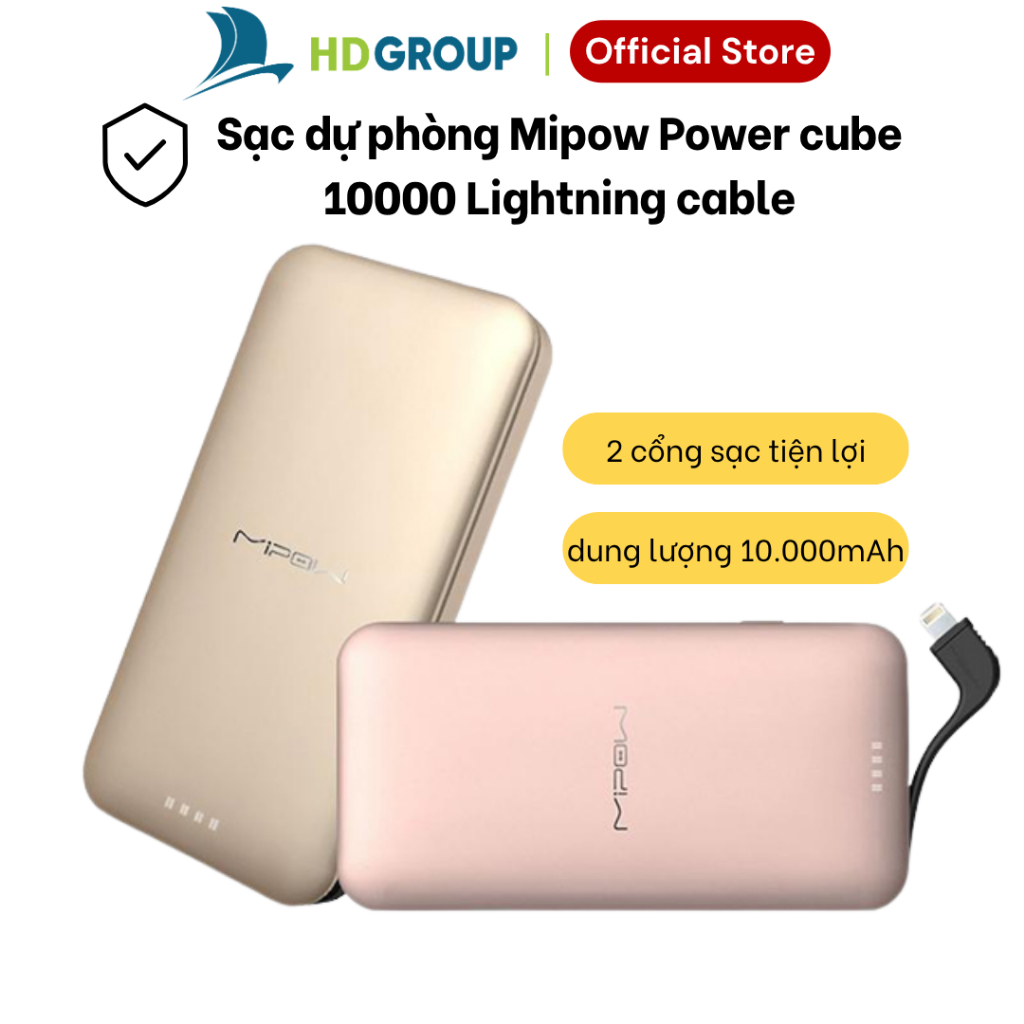 Pin sạc dự phòng Mipow Power cube 10000 Lightning cable chính hãng - SPL10-GD