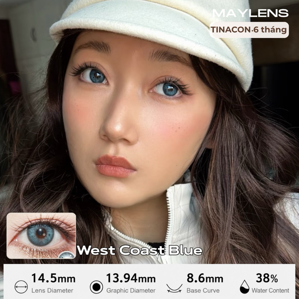 Lens mắt xanh kính áp tròng xanh Tinacon West Coast Blue DIA 14.5 có độ, tặng kèm khay đựng lens, mu