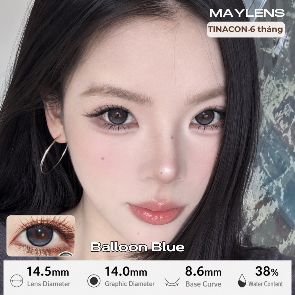 Lens mắt màu xanh kính áp tròng xanh Tinacon Balloon Blue DIA 14.5 có độ, tặng kèm khay đựng lens