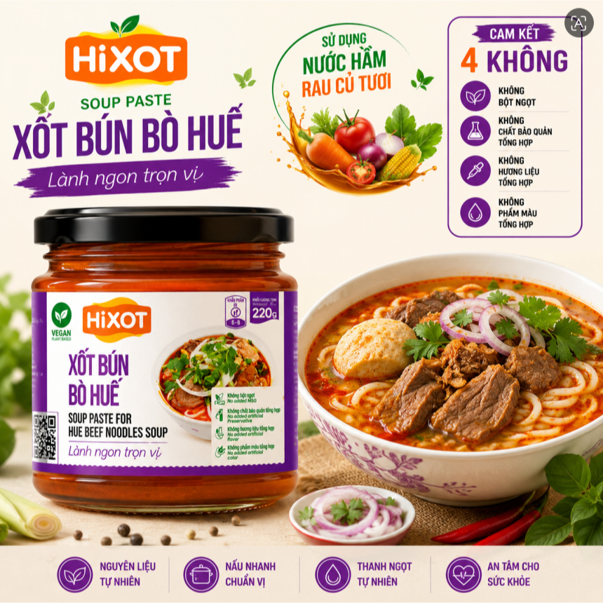 HiXOT Sốt Gia Vị Bún Bò Huế Hũ 220Gram, gia vị hoàn chỉnh, không cần nêm nếm, thơm ngon đậm vị