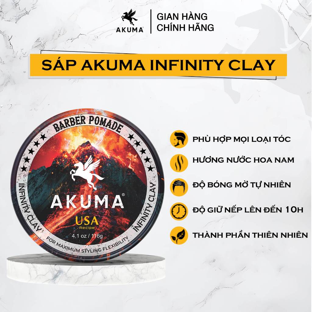 Sáp Vuốt Tóc AKUMA INFINITY CLAY Hàng Chính Hãng, Độ Bóng Mờ Tự Nhiên Akuma