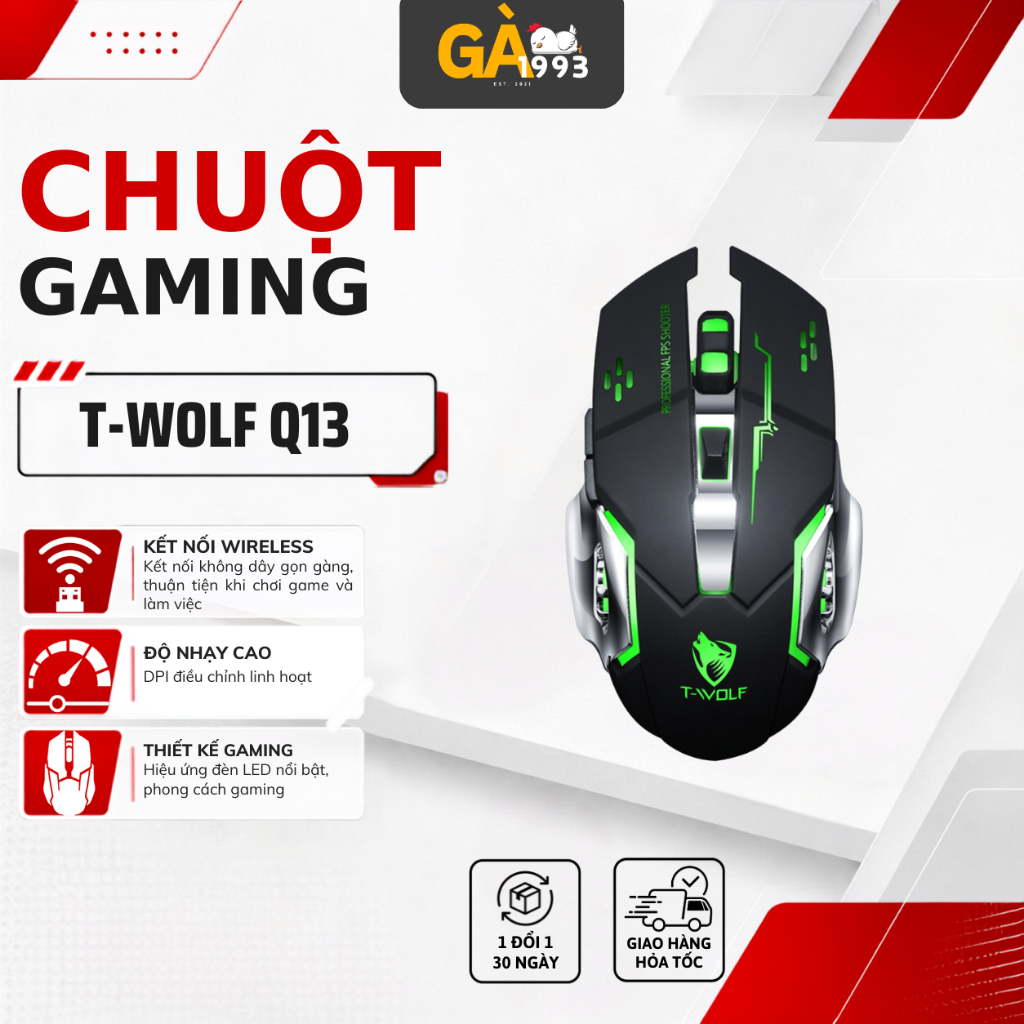 Chuột không dây Gaming T-WOLF Q13 Wireless có Pin sạc, Led RGB - BABY CHICKEN DECOR