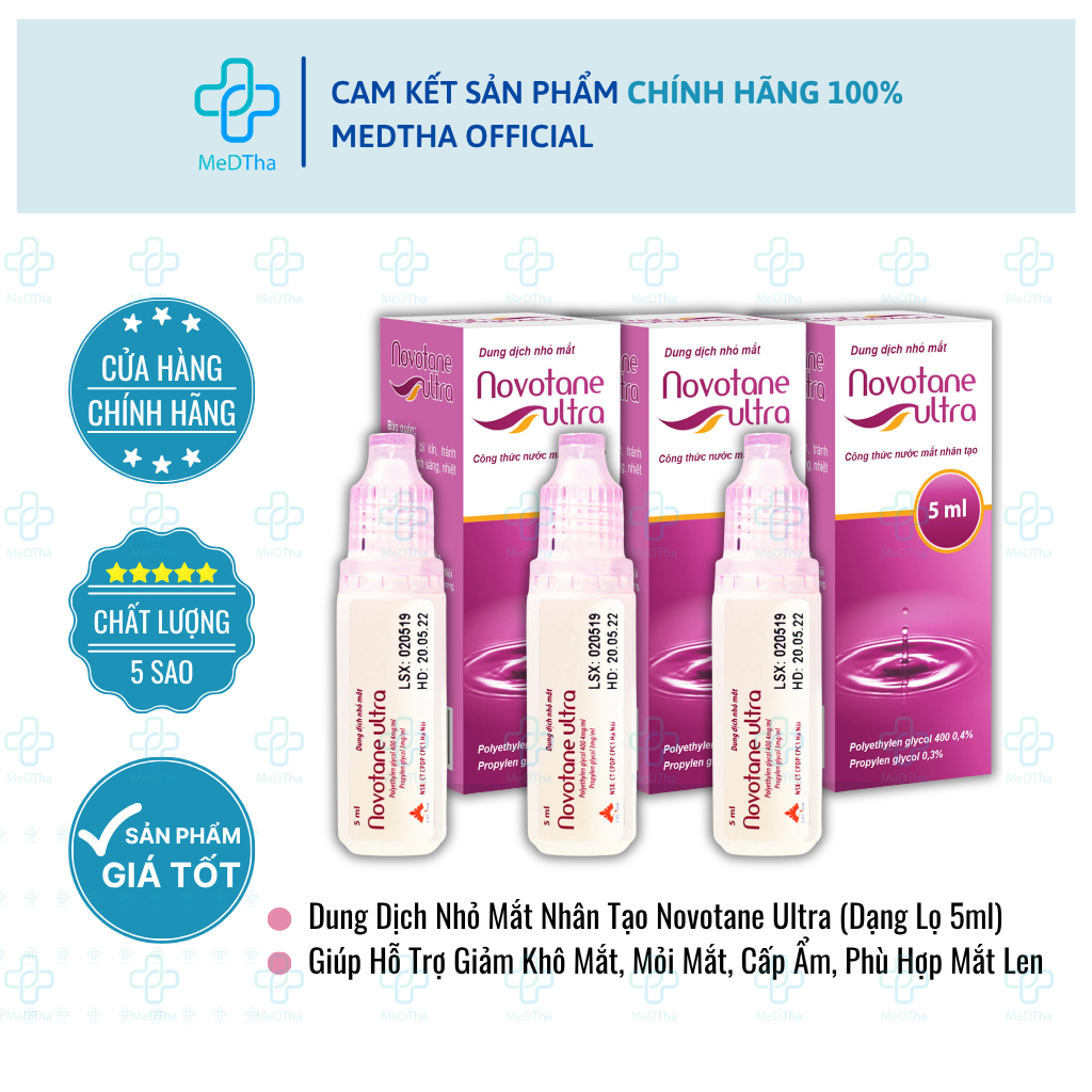 [COMBO 3 LỌ] Dung Dịch Nhỏ Mắt Nhân Tạo Novotane Ultra - Giúp Hỗ Trợ Giảm Khô Mắt, Mỏi Mắt, Cấp Ẩm (