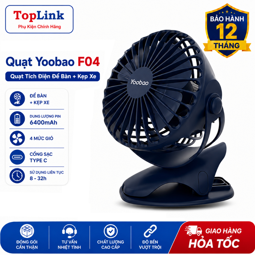 Quạt Kẹp Tích Điện Mini Yoobao F04 Pin Khủng 6400mah Chạy 1.5 Ngày Có 4 Mức Gió Siêu Bền Bảo Hành 12