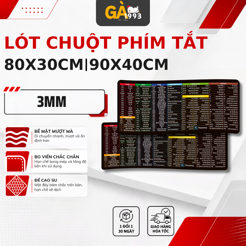 Lót chuột cỡ lớn size 80x30 90x40cm, dày 3mm – Bề mặt mịn, di chuột mượt mà, bo viền chắc chắn