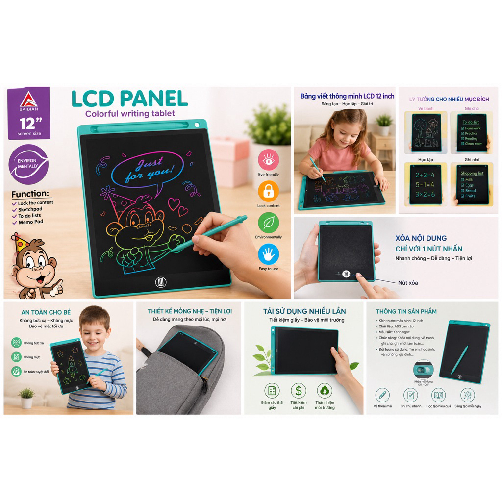 Bảng viết LCD 12 inch BAIBIAN – Colorful Writing Tablet