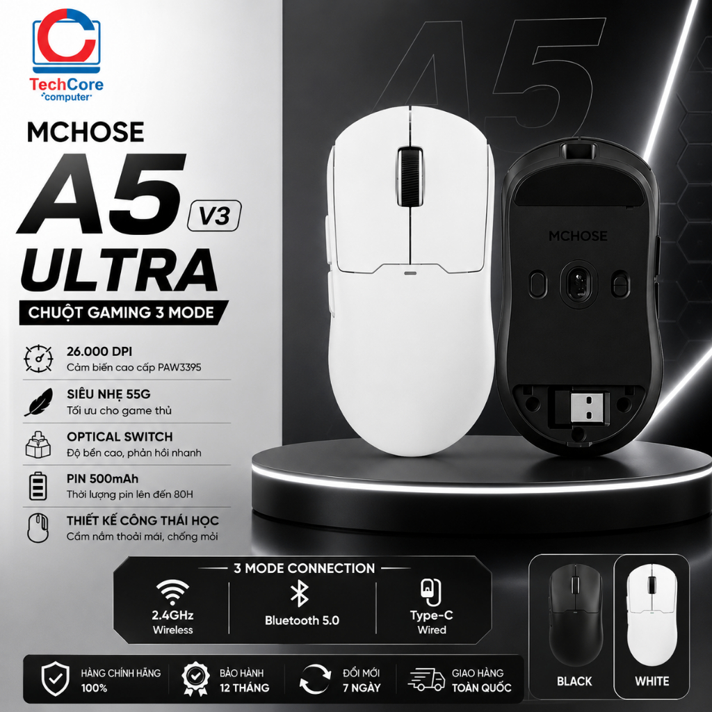 CHUỘT GAMING MCHOSE A5 V3 ULTRA - BLACK (3 MODE) chính hãng