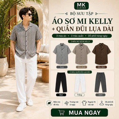 Bộ sưu tập Sơ Mi Kẻ Kelly + Quần Đũi Lụa Dài MKCLEVER Form Rộng Thoáng Mát, Set Đồ Nam Trẻ Trung Đi chơi Đi làm