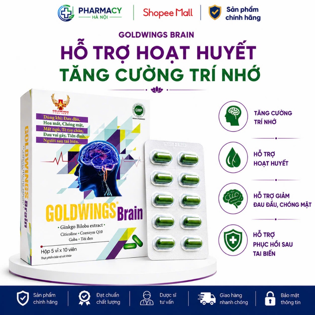 Viên Uống Bổ Não Goldwings Brain Ginkgo Biloba GABA Giúp Tăng Lưu Thông Máu Não, Cải Thiện Trí Nhớ (