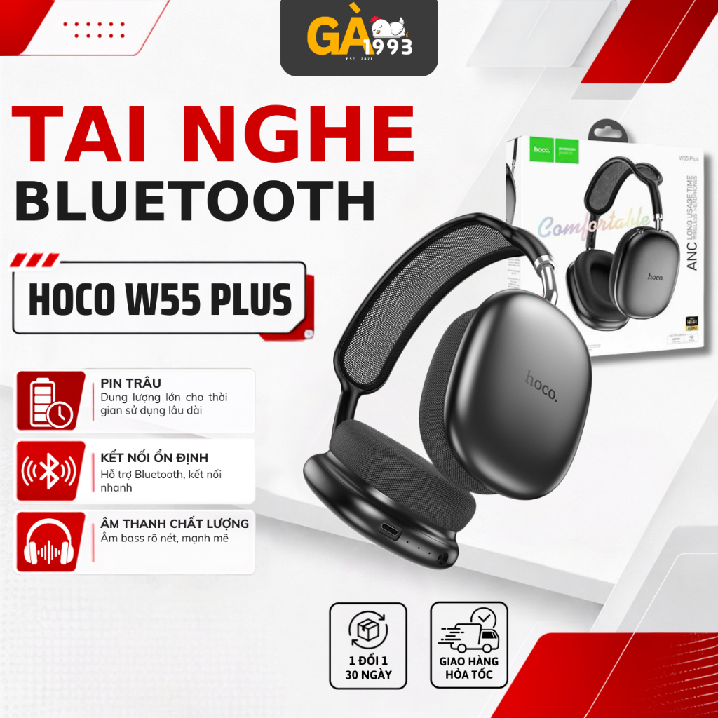 Tai nghe chụp tai Bluetooth V5.4 Hoco W55 phiên bản 90h có mic đàm thoại hỗ trợ khe cắm thẻ nhớ,cổng AUX, nghe nhạc