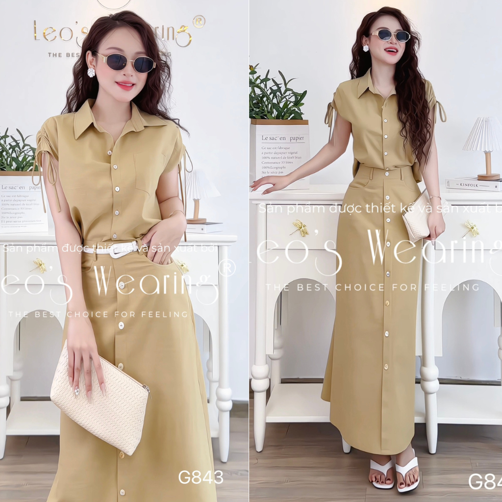 Set Váy Dài Linen LEOSWEARING Áo Sơ Mi Lửng Mix Chân Váy Suông Dài Công Sở Không Kèm Đai G843