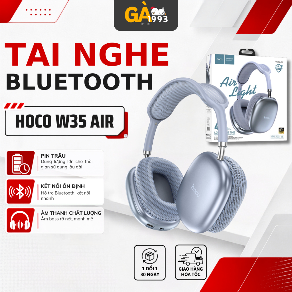 Tai nghe chụp tai Hoco W35 Air , Bluetooth V5.3, hỗ trợ khe cắm thẻ nhớ, cổng AUX, nghe nhạc 45h GA1993