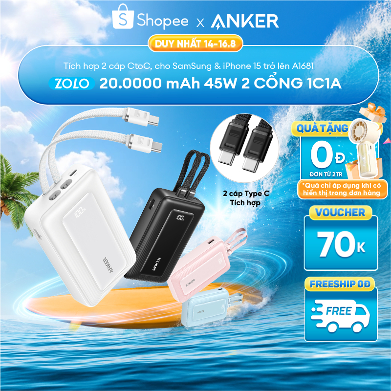 [ANKER] [Samsung/iPhone 15-17] Sạc dự phòng ANKER Zolo 20kmAh 45W | 2 cổng 1C1A | Tích hợp 2cáp USB-