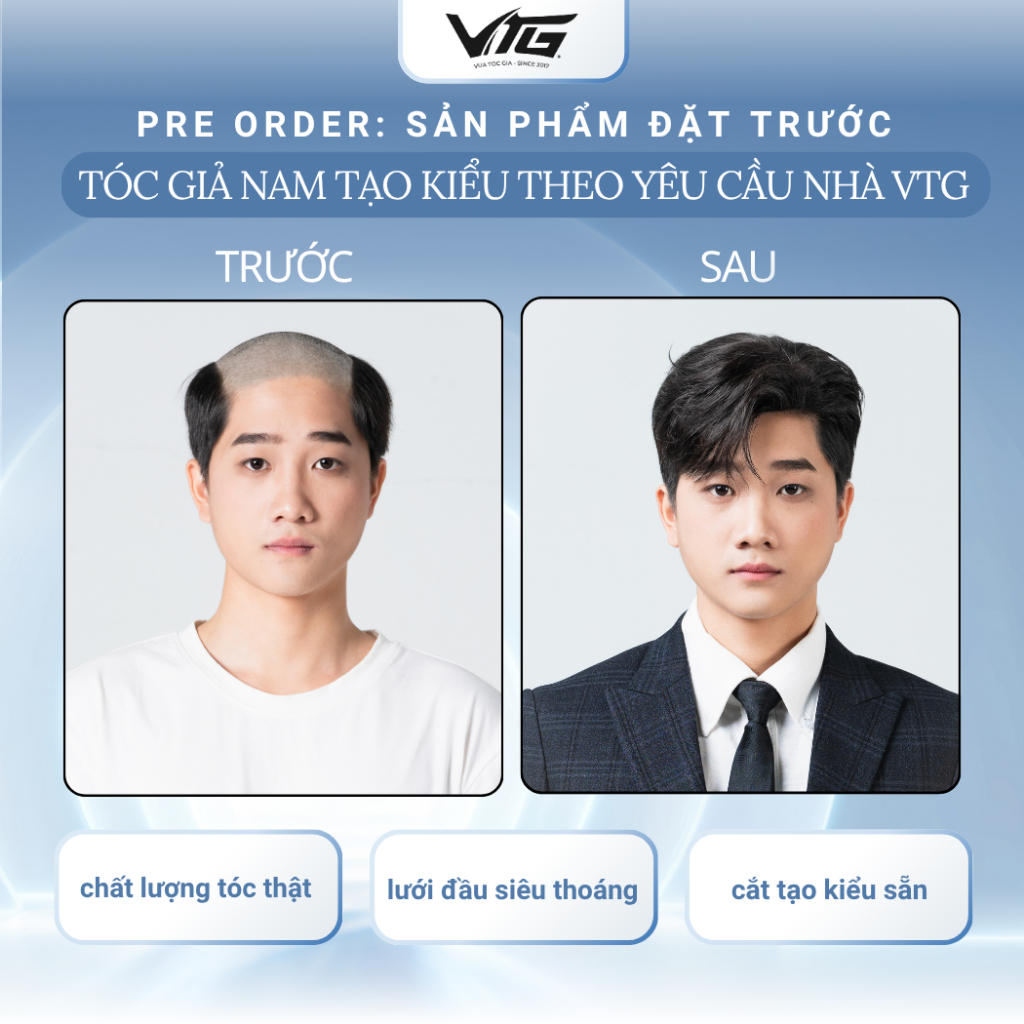 (HÀNG ĐẶT TRƯỚC) Tóc Giả Nam Che Hói, Tạo Kiểu Sẵn VTG, Lưới Thoáng Khí Vua Tóc Giả, Ivy League, Sid