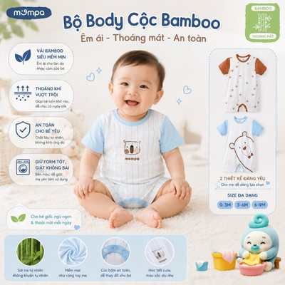 Bodysuit cho bé sơ sinh Mompa cộc tay 0-9 tháng vải Sợi tre Bamboo mềm mại cúc bấm 896