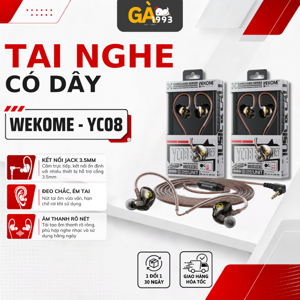 Tai nghe nhét tai WEKOME YC08,tai nghe có dây gaming tích hợp micro, cản tiếng ồn điều chỉnh âm than