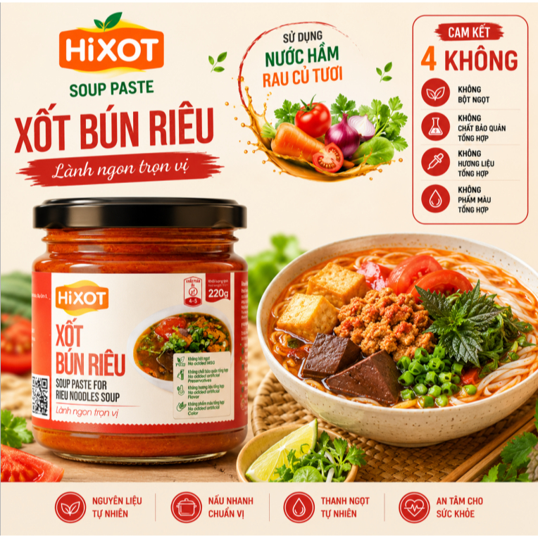 HiXOT Sốt Gia Vị Bún Riêu HiXOT hũ 220gram, nấu bún riêu cua/ tôm, lẩu riêu