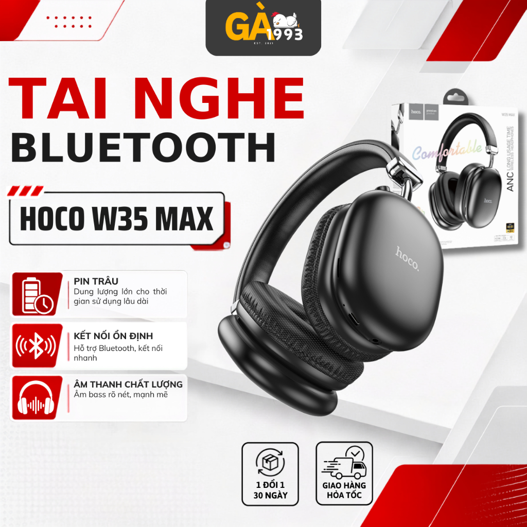 Tai nghe chụp tai W35 Max, Tai nghe bluetooth V5.3 pin 90H chính hãng, tích hợp micro, hỗ trợ thẻ nhớ.