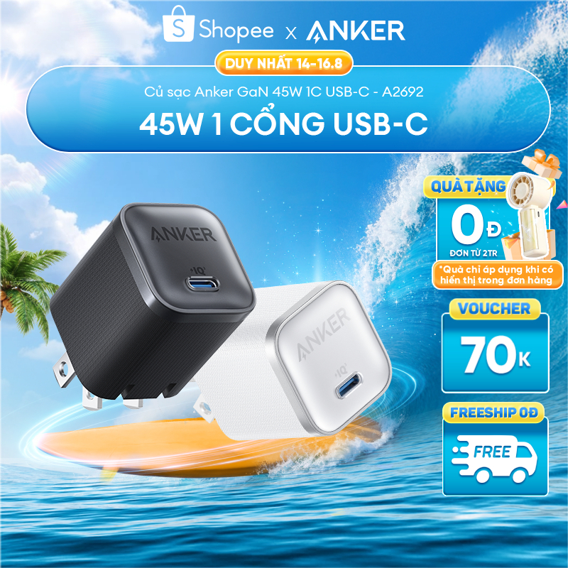 [ANKER] Samsung/iPhone 15-17 Củ sạc nhanh Anker Nano 45W | 1 cổng USB-C | Chân gập nhỏ gọn | Sạc nha