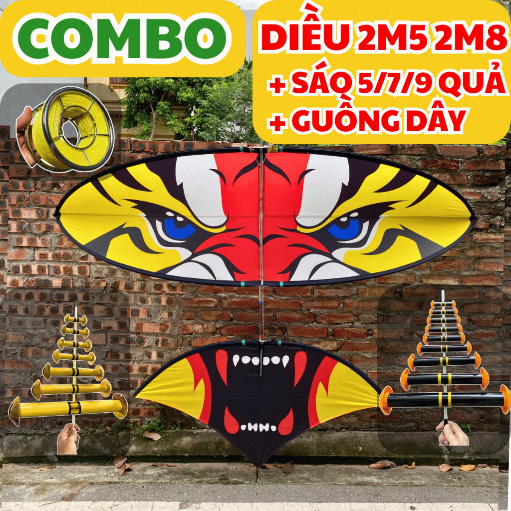 Combo diều 2m5 2m8 [ DIỀU + SÁO 5 / 7 / 9 QUẢ + DÂY ] - Khung cacbon lắp ghép - Áo in nhiệt