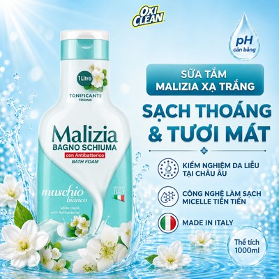 Sữa Tắm Malizia 1 Lít Hương Xạ Hương Trắng Nhẹ Nhàng Thanh Lịch, Thơm Mát Giúp Sạch Thoáng và Tươi Mát Mỗi Ngày