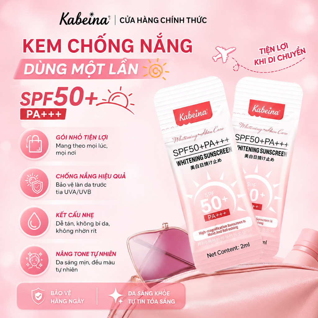 Kem chống nắng dưỡng màu Kabeina SPF50+ PA+++ 2ml dùng 1 lần hộp 50 gói tiện đi du lịch