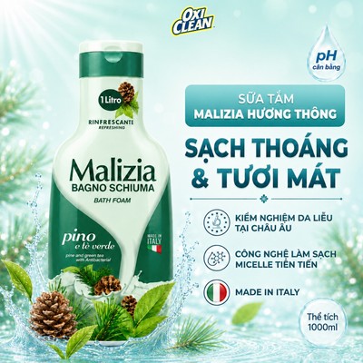 Sữa Tắm Malizia 1000ml Pino E Tè Verde Hương Trà Xanh Thông Đỏ Thoáng Sạch Tươi Mát Dịu Nhẹ Bảo Vệ Lan Da 1000ml/chai
