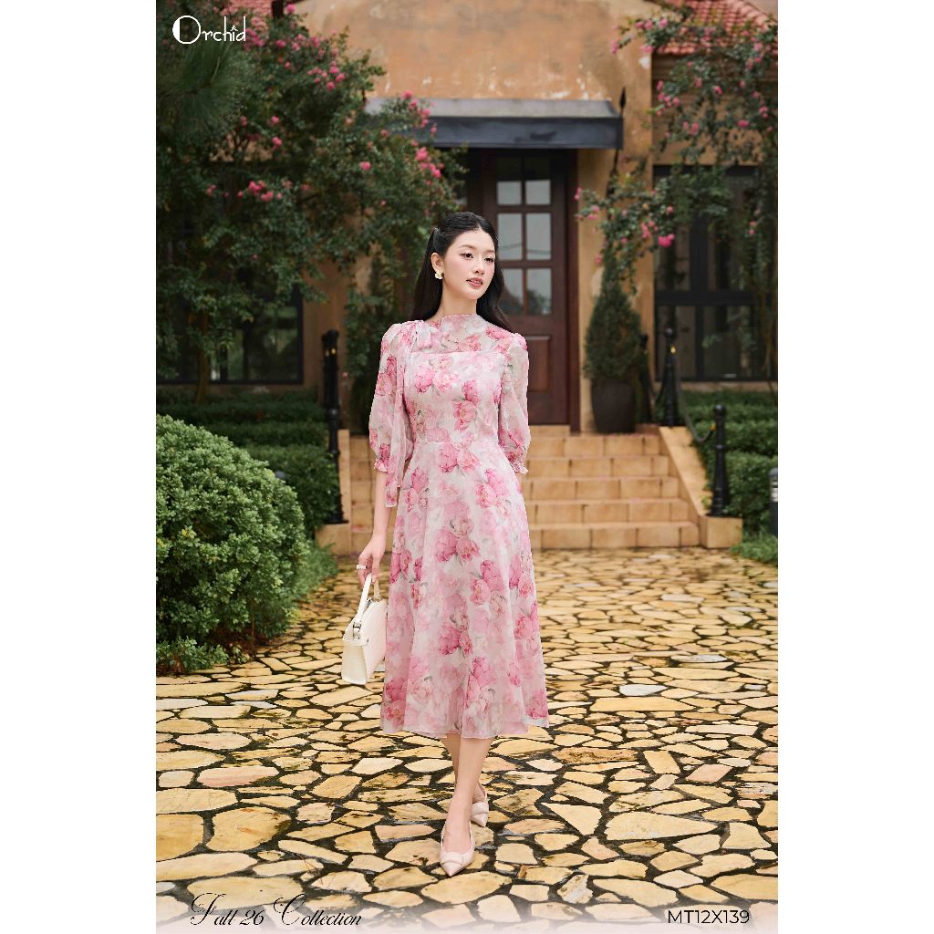 Đầm tơ hoa Phom xoè tôn dáng Cổ tròn cách điệu Orchid -MT12X139