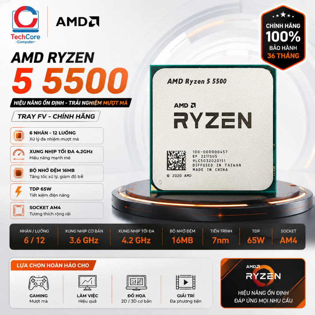 AMD Ryzen 5 5500 TRAY FV - CHÍNH HÃNG
