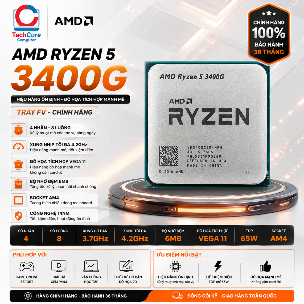 CPU AMD Ryzen 5 3400G Tray FV - CHÍNH HÃNG