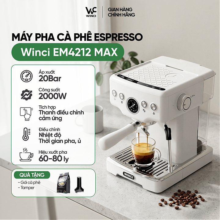 Máy pha cà phê Winci EM4212 Max | Áp suất 20Bar, công suất 2000W, tích hợp điều chỉnh cảm ứng, bảo h