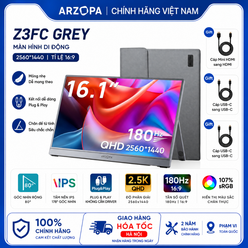 Màn Hình Di Động ARZOPA Z3FC 16.1" 2.5K 180Hz IPS | 107% sRGB | USB-C Mini HDMI | Chính Hãng