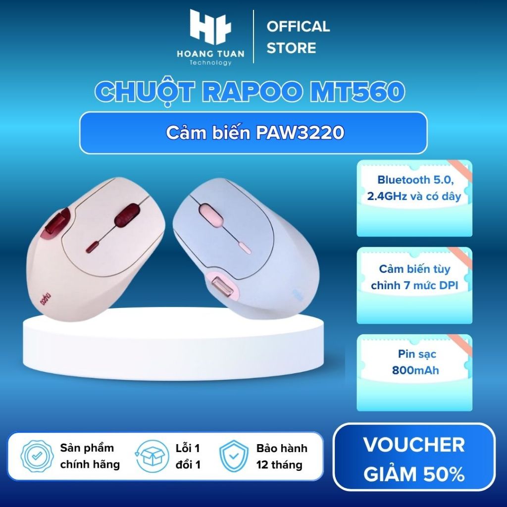 Chuột Rapoo MT560 Cảm biến PAW3220, độ phân giải 4000 DPI Pin 800mAh, dùng tới 160h con lăn kim loại