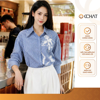 Áo Sơ Mi Nữ 𝐂𝐂𝐇𝐀𝐓 Dáng Suông Kẻ Họa Tiết In Hoa Chất Liệu Thô Bamboo Cao Cấp 16FNT6153ST
