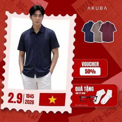 Áo sơ mi nam tay ngắn AKUBA form regular, vải cotton sọc thêu, dáng suông thoải mái, sơ mi sọc dọc nam | 01NE1451