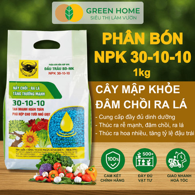 Phân Bón Đầu Trâu NPK 30-10-10 GreenHome, Bình Điền, Túi 1kg, Nảy Chồi, Ra Lá, Tăng Trưởng Mạnh