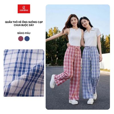 Quần dài nữ CARDINA chất liệu thô kẻ dáng suông cạp chun buộc dây 6QDT31