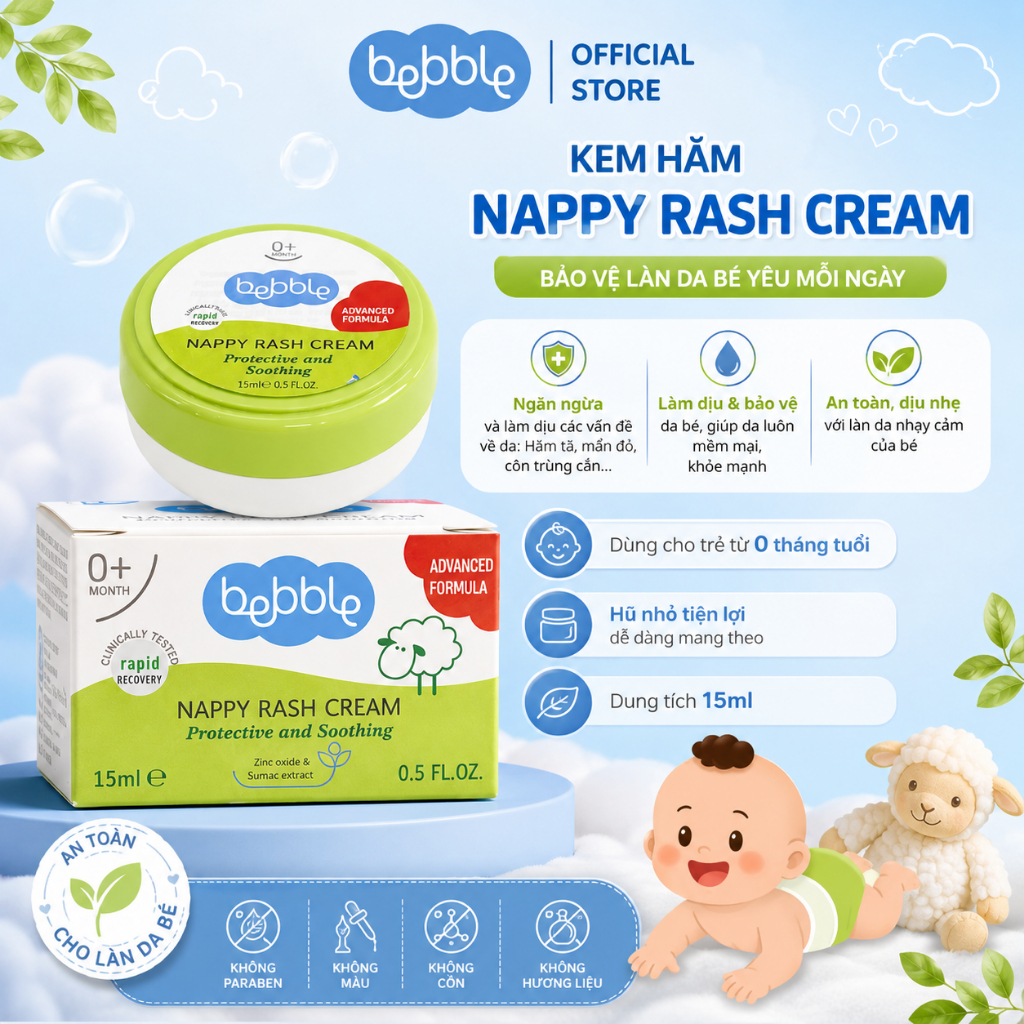 Kem hăm tã Bebble 15ml giúp giảm hăm tã, côn trùng cắn, muỗi đốt, an toàn cho trẻ từ 0 tháng tuổi