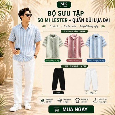 Bộ sưu tập Áo Sơ Mi Kẻ Lester + Quần Đũi Lụa Dài MKCLEVER Form Rộng Thoáng Mát, Set Đồ Nam Trẻ Trung Mặc Đi chơi Đi làm