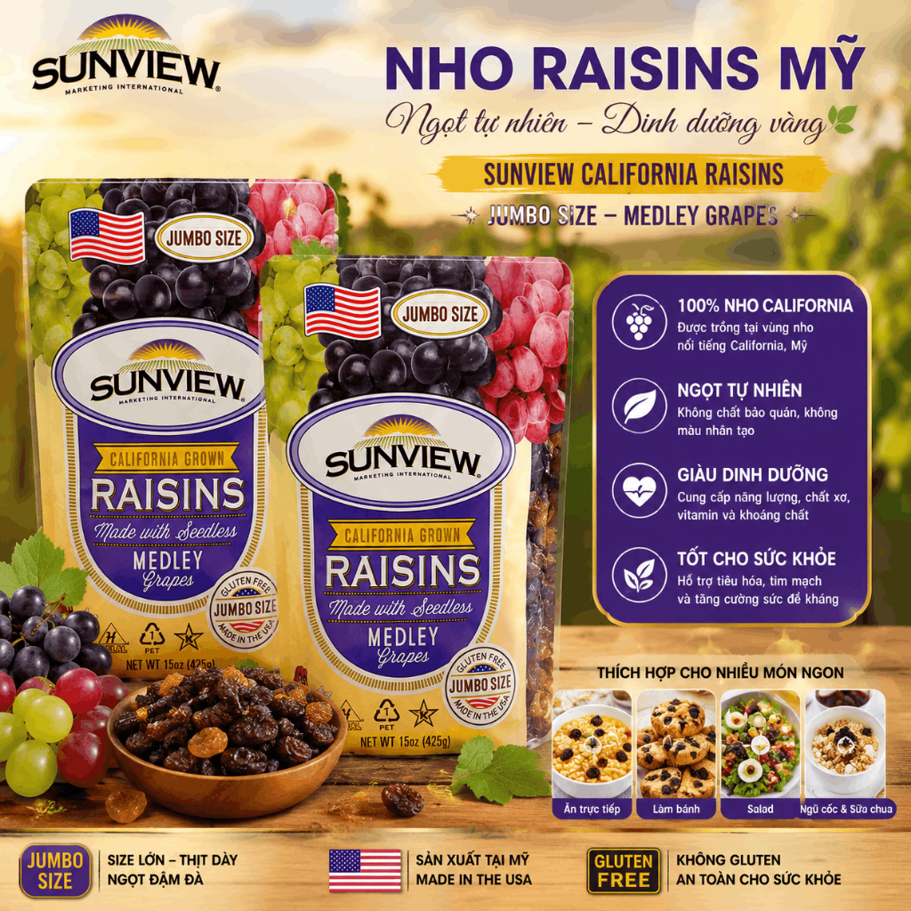 NHO KHÔ SUNVIEW RAISINS MỸ JUMBO SIZE (425G) - NGỌT TỰ NHIÊN, DINH DƯỠNG VÀNG