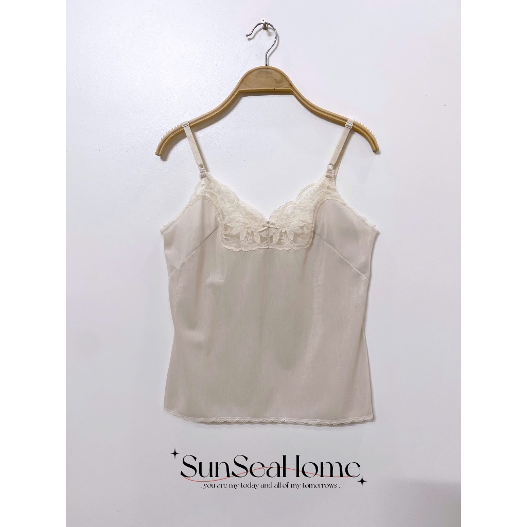 Áo 2 Dây Ren Vintage 2hand Màu Trắng Kem, Áo Camisole Nữ Dây Điều Chỉnh Phối Ren Hoa Kiểu Nhật 2hand
